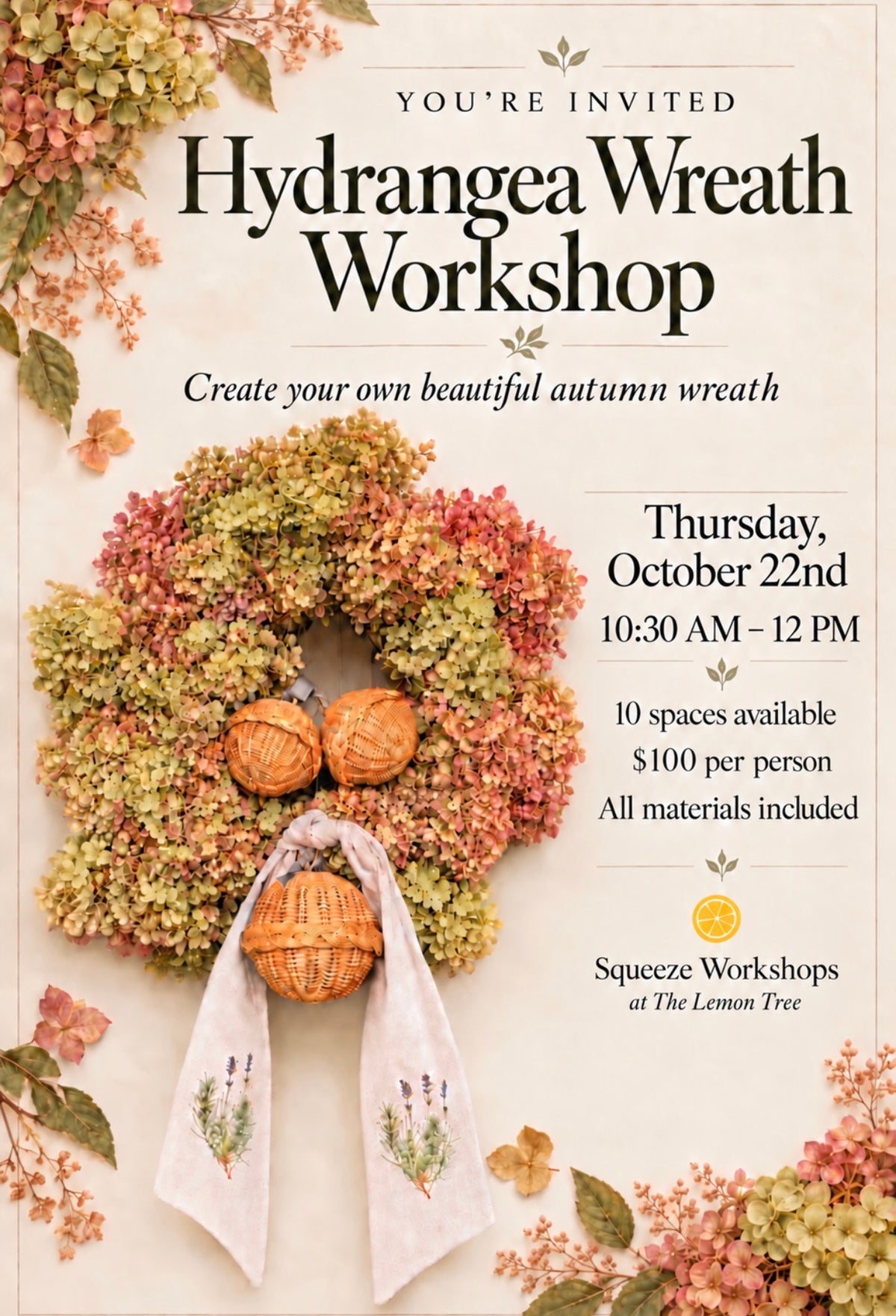 Workshop at The Lemon Tree - Create your own hydrangea wreath with Lila