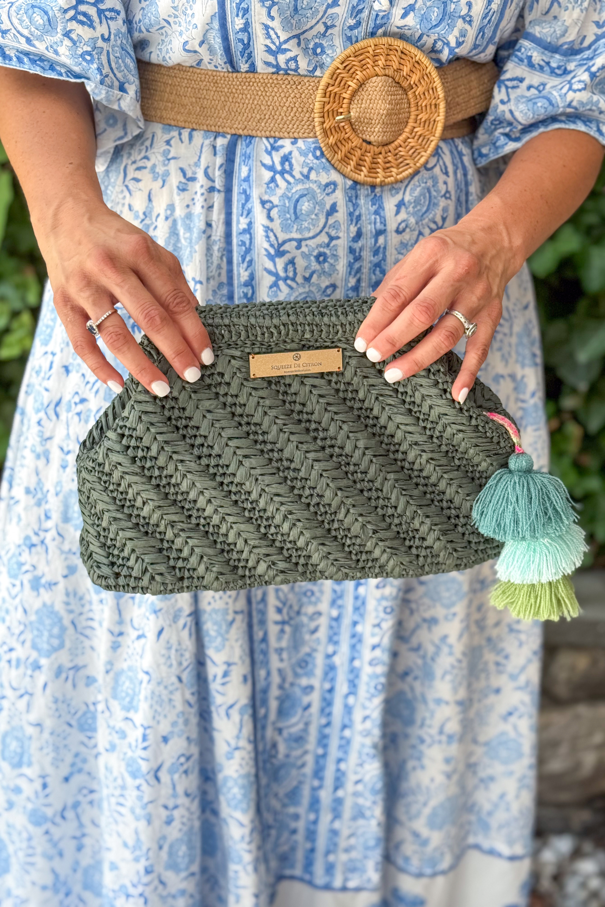 Forest Green Raffia Clutch