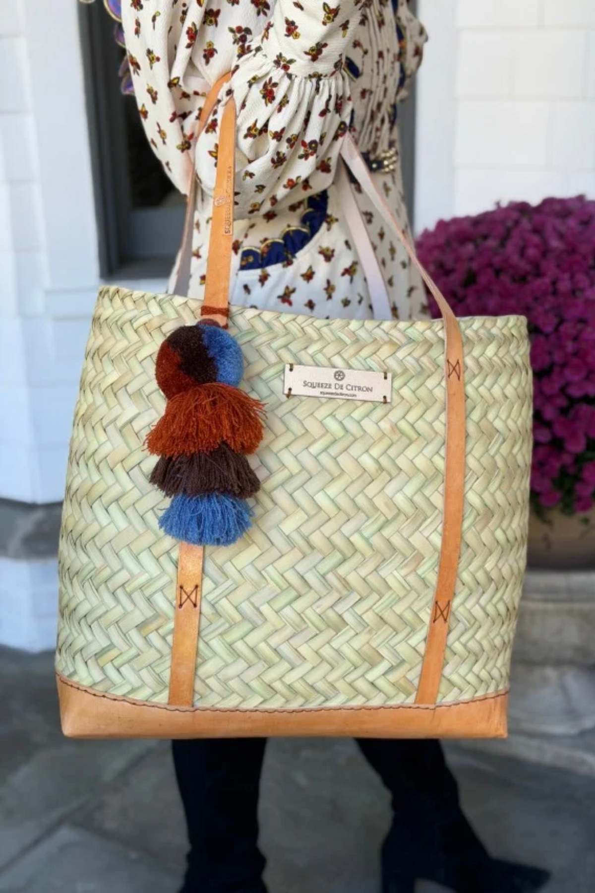 Natural Palm with Leather Tote